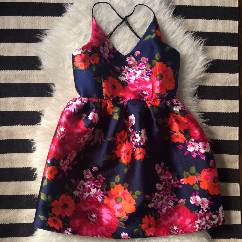 Navy pink Floral Party Dress fit & flair Sz S